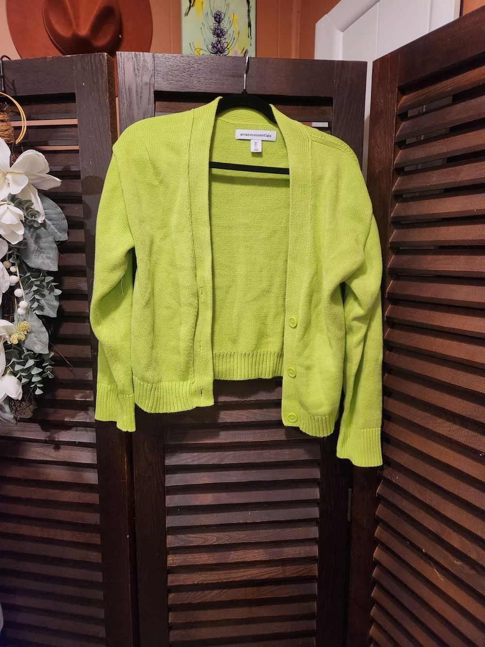 Amazon Essentials Women's Bright Lime Green Button-Front Cardigan